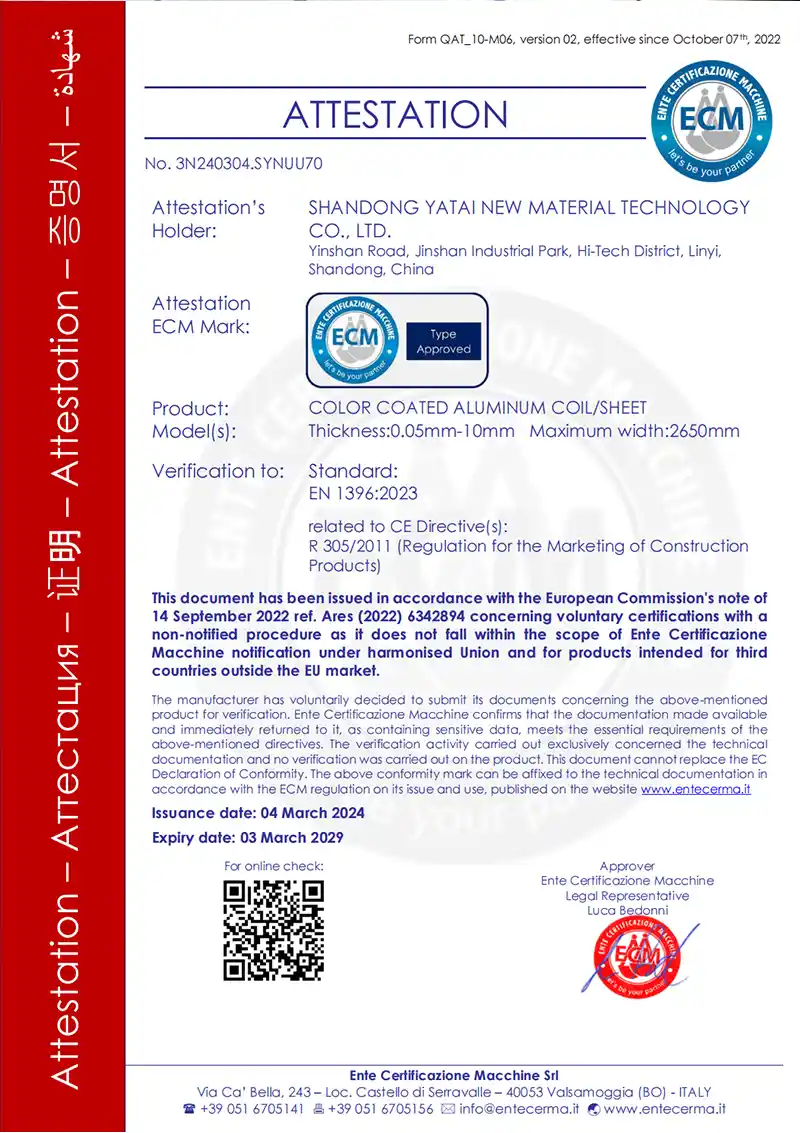Yatai CE Certificate EN 1396 Standard