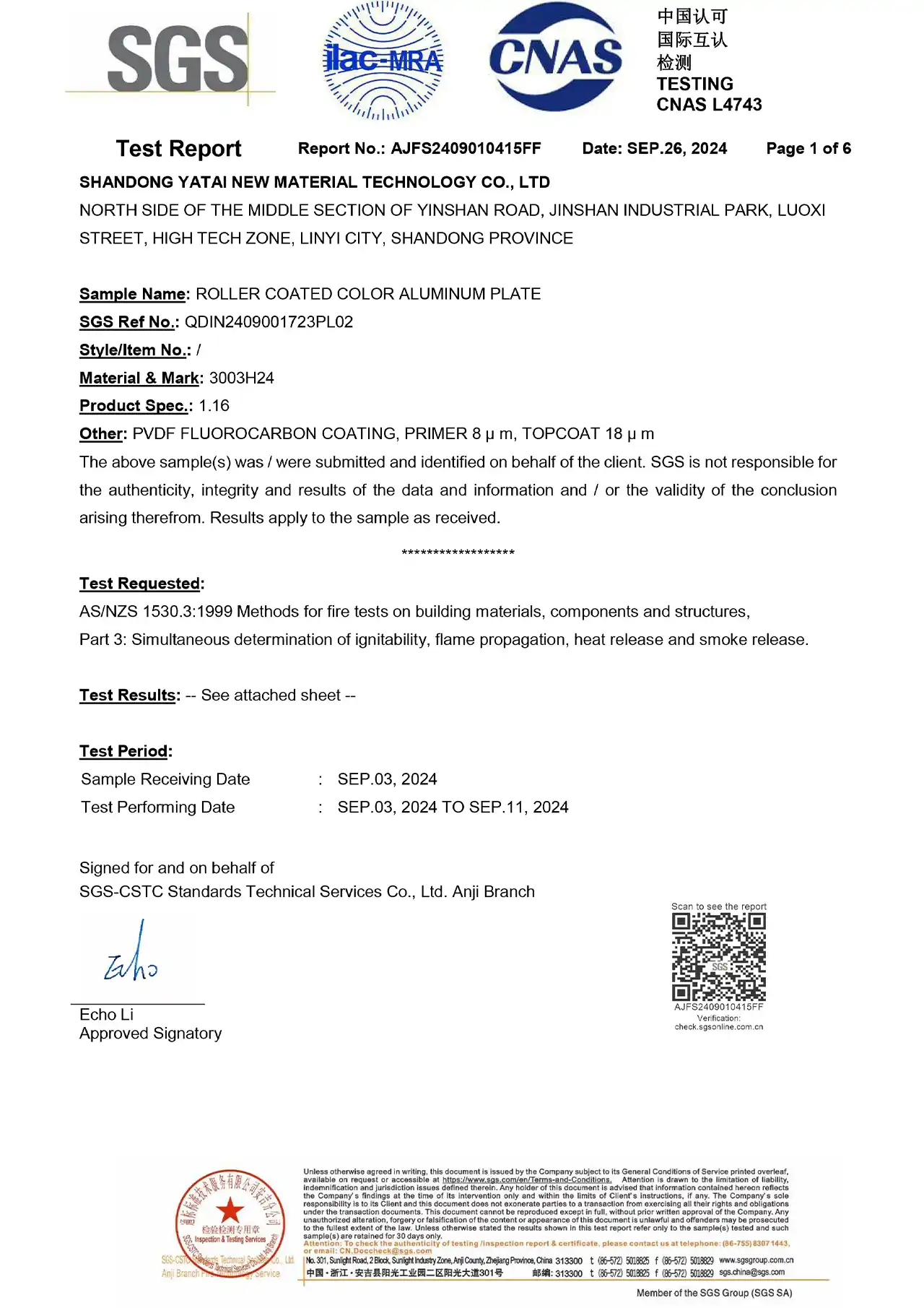 Yatai European Coating Flame Retardant Performance Test Report
